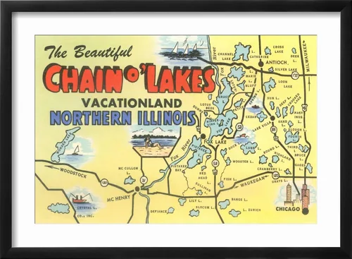 Vista 2 de AllPosters Póster decorativo para pared con mapa de Chain O'Lakes, Illinois sobre marco negro, 18 x 12 pulgadas