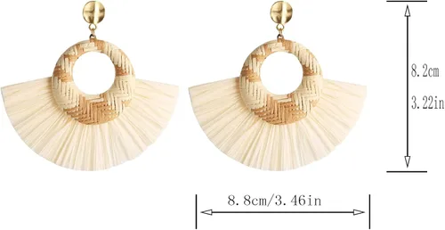 Vista 2 de STWTR Pendientes de rafia grandes, ligeros, geométricos, con flecos, trenzados, bohemios, hechos a mano, paja, trenzados, de mimbre, para mujeres