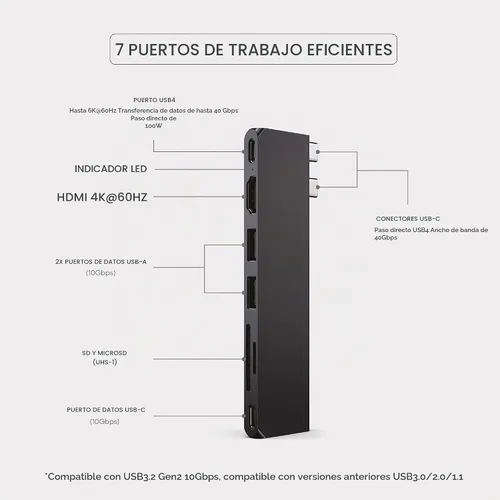 Vista 3 de Satechi Hub USB-C Pro Slim 7 en 1, carga de 100 W, HDMI 4K, USB4