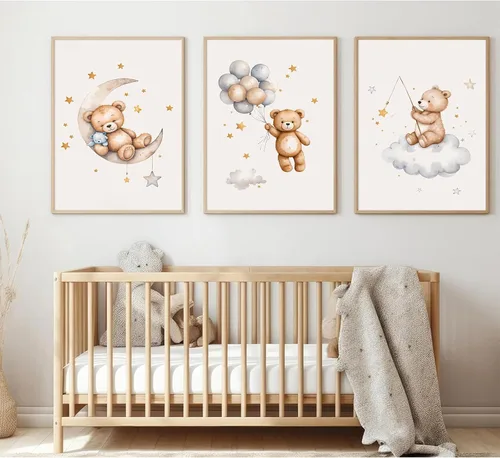 Vista 7 de Baccone Arte de pared para habitación de guardería con oso de peluche, póster para habitación de bebé niño o niña, decoración de pared de guardería