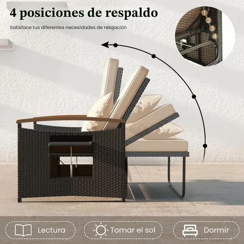 Vista 4 de LDAILY Moccha - Sofá de mimbre para exteriores, sofá biplaza de ratán para patio con respaldo ajustable de 4 niveles, paneles plegables, otomana