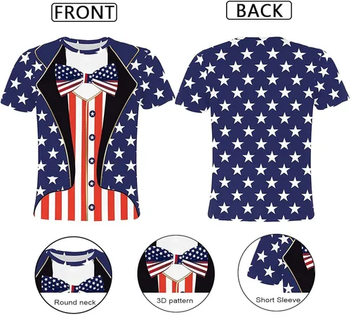 Vista 5 de Eciodci Camisetas patrióticas para niños y niñas del 4 de julio con la bandera de Estados Unidos de América de manga corta para niños y niñas de 4 a