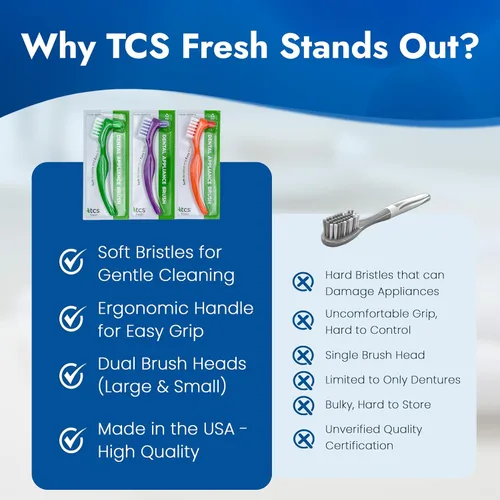 Vista 6 de TCS Cepillo de cerdas suaves frescas para dentaduras postizas, retenedores y alineadores, fabricado con cerdas de nailon Dupont® de primera calidad