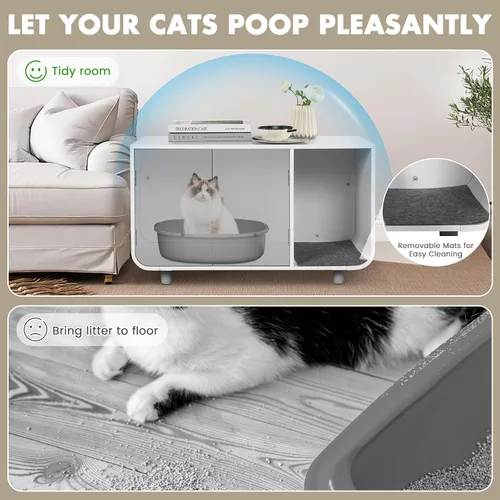 Vista 5 de Tangkula Mueble de caja de arena para gatos, baño oculto para gatos con patas y tapetes de madera de goma, casa interior para gatos