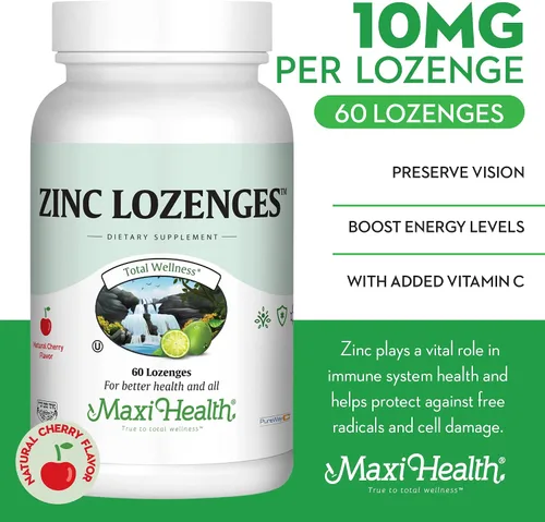 Vista 2 de Maxi-Health Pastillas de zinc – Citrato de zinc 10 mg – con vitamina C – Sabor a cereza – 60 masticables – Kosher