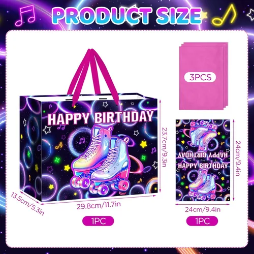 Vista 3 de Patinaje sobre ruedas para decoración de cumpleaños, bolsa de regalo de cumpleaños con papel de regalo y tarjeta, bolsa de papel grande y colorida