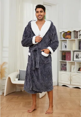Vista 3 de Vulcanodon Bata para hombre con capucha, bata de felpa de longitud completa para hombre, bata de baño de forro polar grueso