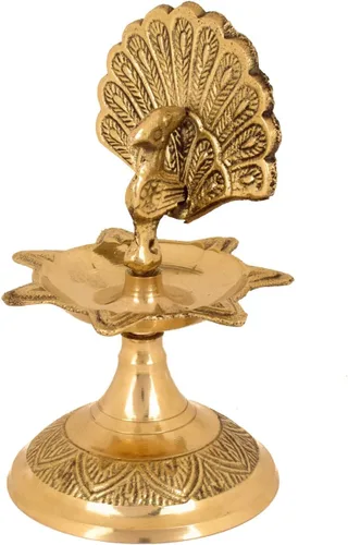 Vista 4 de SATVIK - Lámpara de aceite tradicional de latón virgen puro de 4 pulgadas, pavo real, kerala, samai, puja diya, lámpara de aceite tradicional