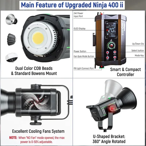 Vista 4 de Weeylite Ninja 400 II - Luz LED de video continua, 150 W, 2800-6800 K, montaje Bowens bicolor, iluminación continua, control de aplicación, luces