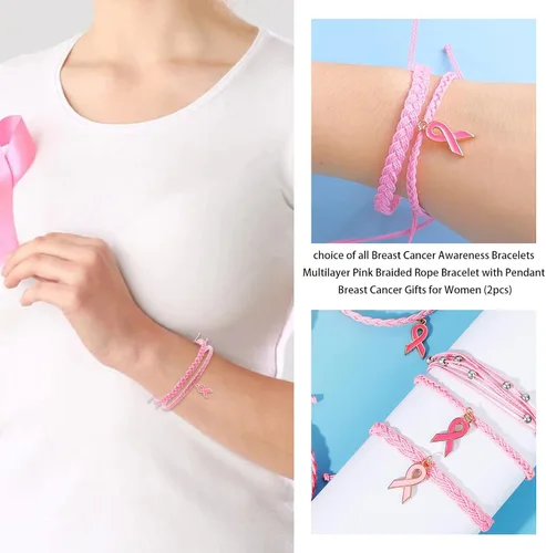 Vista 4 de Long tiantian Breast Cancer Bracelets Gifts for Woman Breast Cancer Awareness Accessories Pink Braided Rope Bracelet Natural Stone Bead Ribbon Charm