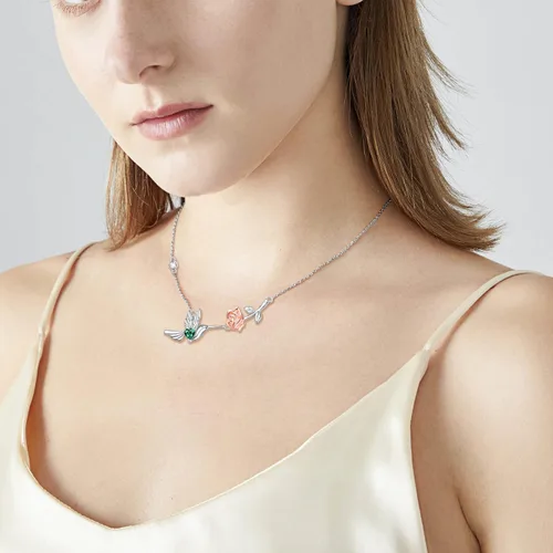 Vista 2 de HOOHWE Anillo de colibrí de plata de ley S925, collar, aretes, joyería de colibrí para mujeres y adolescentes, Metal, No es una piedra preciosa