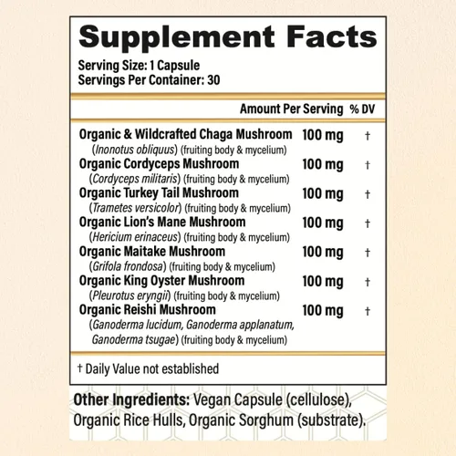 Vista 7 de CHOQ Seven Wonders Organic Mushroom Complex - Melena de León, Reishi, Chaga, Cordyceps - Apoyo inmunológico Alivio del estrés Energía natural - 30