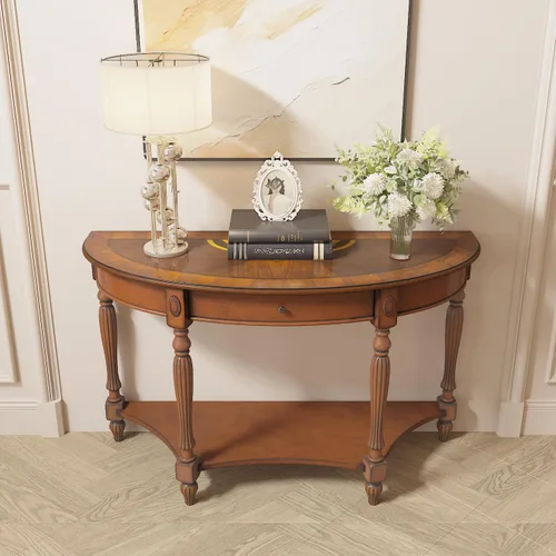 Vista 5 de Mesa de entrada de madera maciza con cajón, mesa de sofá semicírculo con estante de almacenamiento, tallas laterales de media luna, elegante mesa