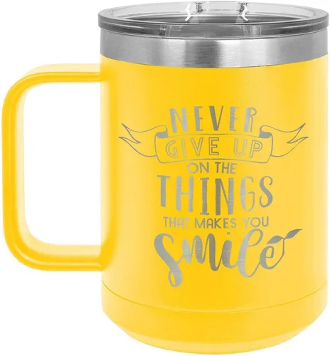 Vista 11 de Nunca renuncies a las cosas que hacen sonreír, taza de café negra de 15 oz con tapa superior deslizante, taza de café de viaje aislada, regalo