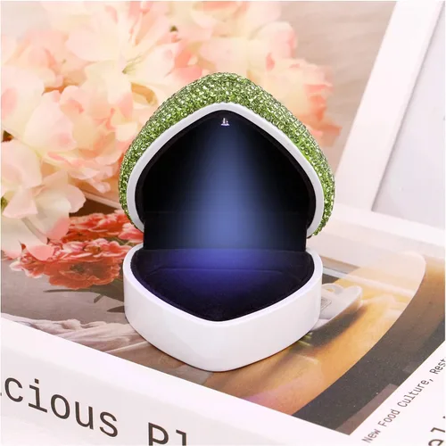 Vista 3 de Naimo Caja de anillo con forma de corazón de diamantes de imitación con luz LED, soporte de terciopelo para aretes, monedas, caja de joyería