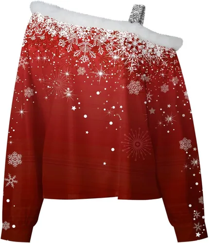 Vista 4 de Camiseta de manga larga con hombros descubiertos para mujer, diseño de árbol de Navidad