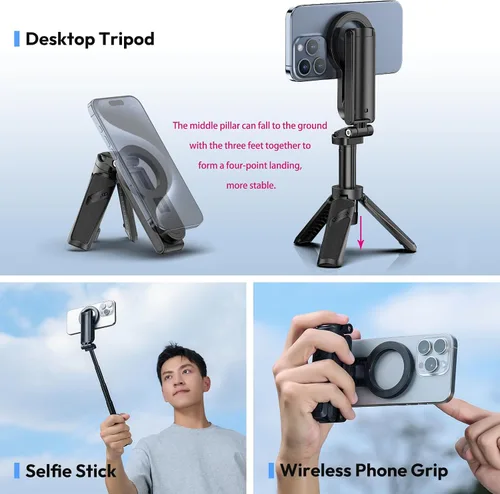 Vista 3 de ULANZI JJ03 - Mini trípode magnético para teléfono con control remoto, 3 en 1 de bolsillo para selfie, soporte de trípode extensible de rotación