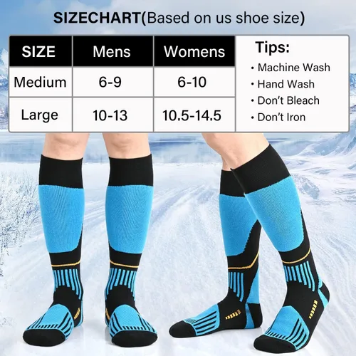 Vista 2 de COOPLUS 2 pares de calcetines de esquí para hombres y mujeres, calcetines de compresión hasta la rodilla para esquí, snowboard, senderismo, deportes