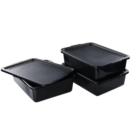 Vista 7 de Paquete de 3 cajas de plástico con tapa, tinas de autobús comerciales, 13 L, color negro