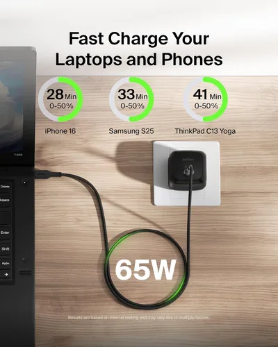 Vista 2 de Belkin Bloque de carga USB C de 65 W - Cable USB C incluido - Carga súper rápida, tipo C - Apple iPhone 17, Air, Pro, Samsung Galaxy S25, Google