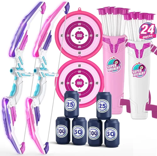 Vista 10 de HYES Arco y flecha para niños, juego de tiro con arco con luz LED con 12 flechas de ventosa, 1 objetivo para colgar, 3 objetivos de puntuación y 1