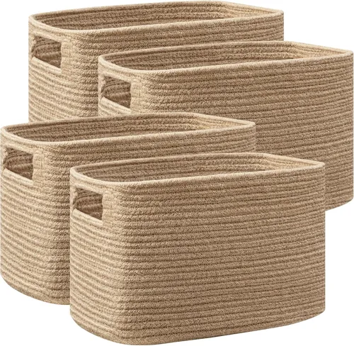 Vista 19 de Paquete de 4 cestas de almacenamiento para organizar, cestas tejidas para estantes, color beige