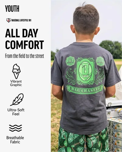 Vista 3 de Baseball Lifestyle 101 Bag Chaser Youth Tee for Boys, Soft 60/40 Blend, Breathable, Side-Seamed, Sizes Youth S-XL