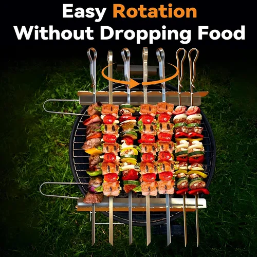 Vista 13 de Brocheta de acero inoxidable de 13.8 pulgadas, soporte universal compatible con madera, acero redondo, pinchos planos y de bambú, accesorios