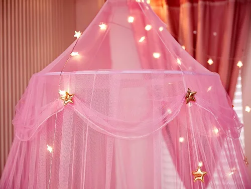 Vista 4 de Dosel de Cama para Niñas con Luces de Estrellas, Cortinas de Dosel de Cama de Princesa con Mosquitero de Estrella Dorada para Decoración de Rosa