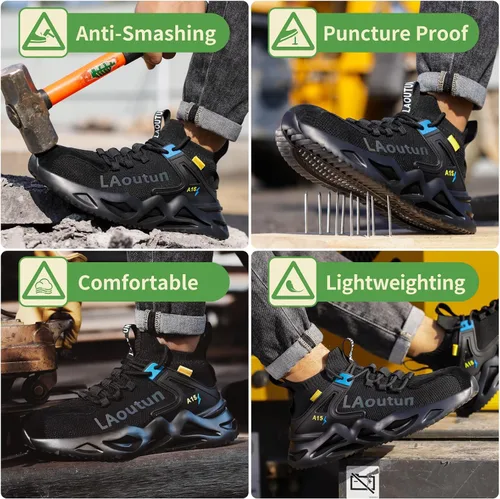 Vista 7 de LAoutun Zapatos con punta de acero para hombre, zapatos de trabajo, zapatos de seguridad, cómodos, ligeros, a prueba de pinchazos, zapatos
