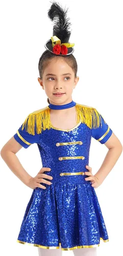 Vista 3 de MSemis Disfraz de Majorette de lentejuelas para niñas, con borlas, gorra de línea A, vestido de uniforme de maestro de anillos real