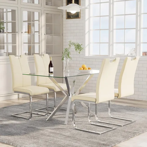 Vista 30 de 5-Piece 47" Dining Table with 4 PU Leather Chairs, Modern Dining Table Set for 4, Rectangle Black Top Kitchen Table with Black Metal Legs for Dining