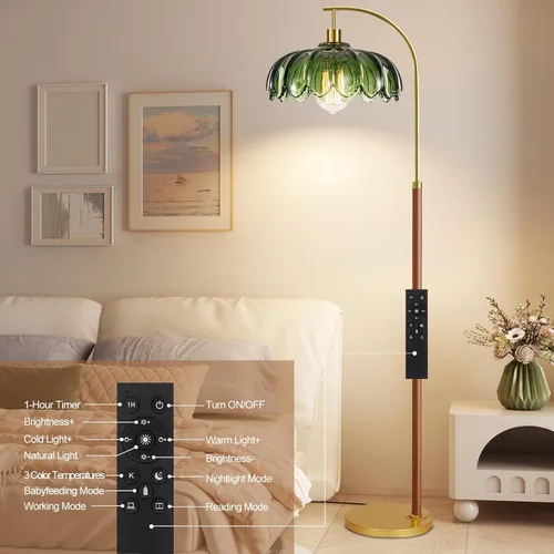 Vista 6 de Lámparas de pie de madera para sala de estar, lámpara de pie dorada con control remoto y pantalla de cristal, lámpara de arco de flores, lámpara