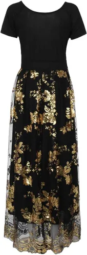 Vista 4 de Vestido de malla de manga corta para mujer, floral, para fiesta, noche, con lentejuelas, cuello en V, talla grande, vestidos de corbata para mujer