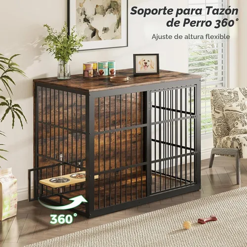 Vista 2 de Lyromix Mueble de jaula para perros XXL de 48 pulgadas con alimentador giratorio, mesa auxiliar de madera grande, jaula de interior resistente