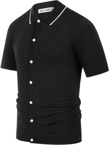 Vista 9 de GRACE KARIN Polo de punto transpirable para hombre, camisas con botones de bolos ahuecados
