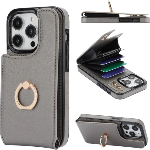 Vista 30 de Folosu Funda tipo billetera compatible con iPhone 14 con soporte para tarjetas, soporte de anillo para dedo con rotación de 360° y función atril