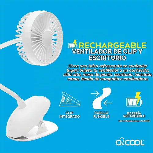 Vista 4 de O2COOL Ventilador recargable con clip de batería USB con cuello de cisne de 3 velocidades