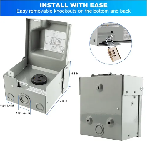 Vista 7 de Caja de toma de corriente de 30 amperios y 125 voltios, panel de receptáculo NEMA TT-30R, cerrado con cerradura resistente a la intemperie