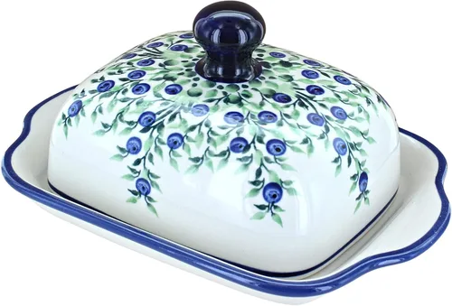 Vista 5 de Blue Rose Polish Pottery – Mantequillera cuadrada de tulipán azul – Se adapta a 1 barra – Mantequera para organización y almacenamiento de encimera