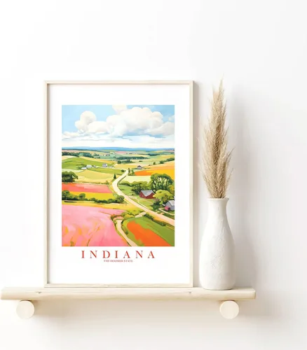Vista 6 de ColorAndFlair Indiana Travel Print Hoosier State Souvenir Nature Green Pink Orange Wall Art Retro Poster Red Barn Landscape Painting (13x19 inches)
