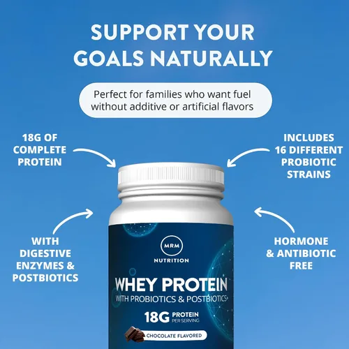 Vista 3 de MRM Nutrition Proteína de Suero - Sabor Chocolate, Proteína de Suero Aislada y Concentrada Microfiltrada, 16 Diferentes Cepas de Probióticos, BCAAs