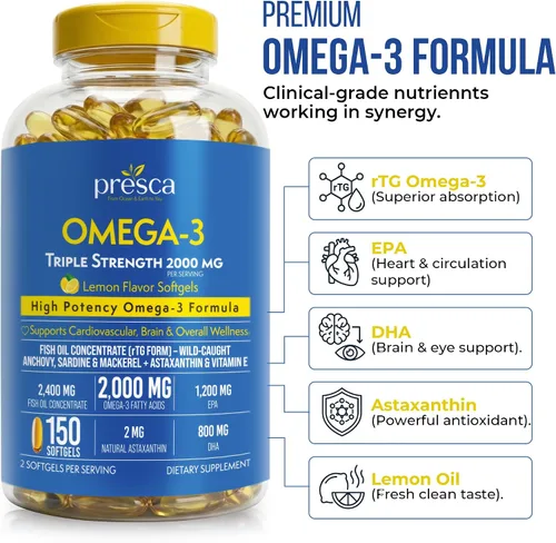 Vista 2 de Triple Strength Omega 3 Aceite de Pescado 2400mg w/Astaxantina 150 Cápsulas Blandas