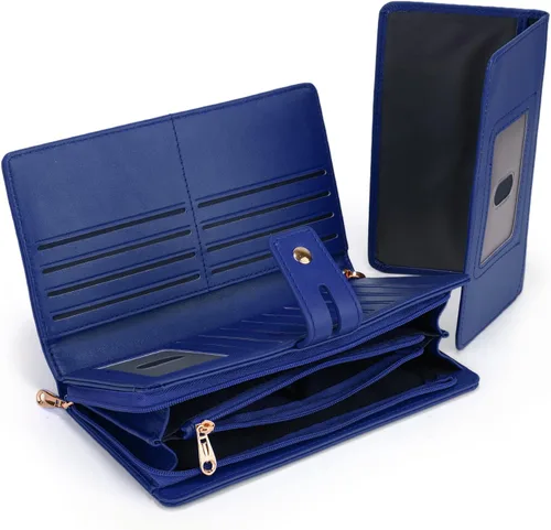 Vista 7 de UTO Cartera de pulsera para mujer desmontable para chequera, tarjeta, billetes, teléfono, organizador grande, 1085 azul, Grande, Moderno