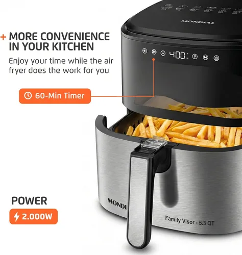 Vista 15 de Mondial Air Fryer Digital 5.3 litros (5.3QT) - Freidora eléctrica con pantalla y acabado de acero inoxidable - 1800W - Negro