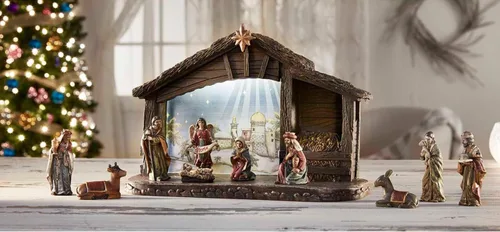 Vista 3 de Avalon Gallery Conjuntos de Belén para Navidad - Escena de Belén Iluminada con LED con Establo, Escala de 3 Pulgadas, 11 Piezas