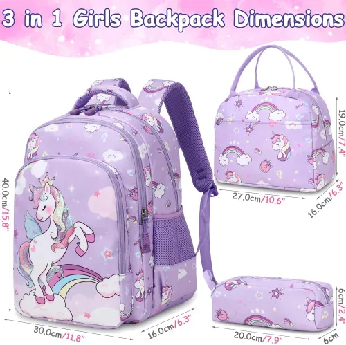 Vista 27 de Juego de mochila para niñas y adolescentes, mochila escolar para niños con bolsa para el almuerzo, estuche para lápices, mochilas escolares
