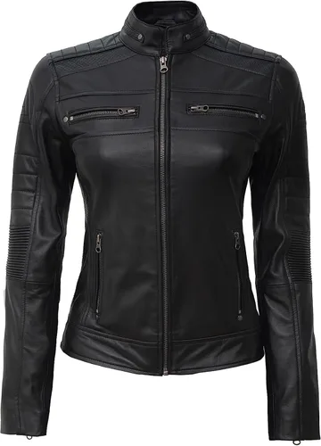 Vista 3 de Decrum Chaqueta de cuero real para mujer - Cafe Racer estilo motocicleta chaquetas de cuero moda ropa