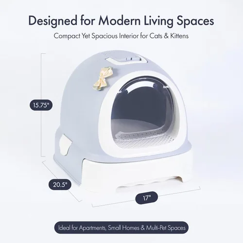Vista 2 de Sartén con capucha totalmente cerrada con puerta de cierre de olor de entrada frontal, cuchara de arena para gatos incluida, color blanco