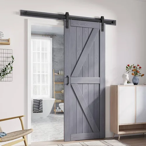 Vista 24 de FREDBECK Puertas dobles grises de 24 x 84 pulgadas, puerta de granero de 48 pulgadas con kit de herrajes para puerta de granero de 8 pies incluido